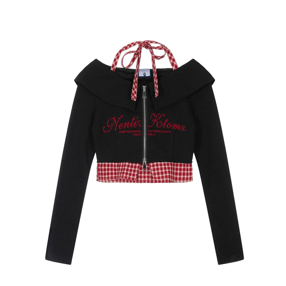 American-style baddie plaid patchwork cropped hoodie crop top