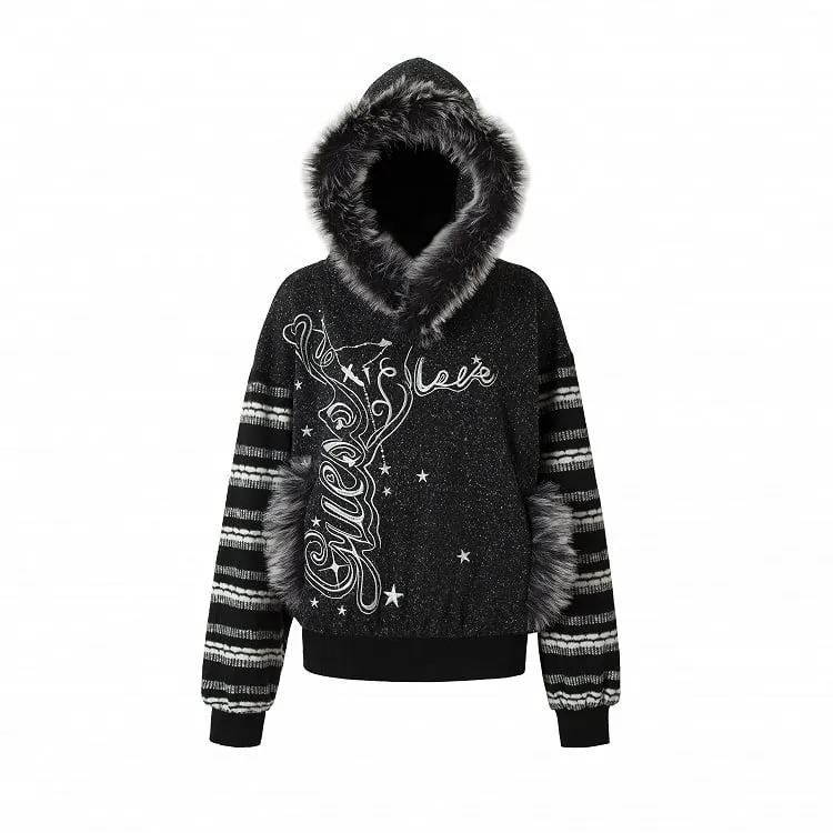 Black&White Plush Trim Striped Sleeves Hoodie
