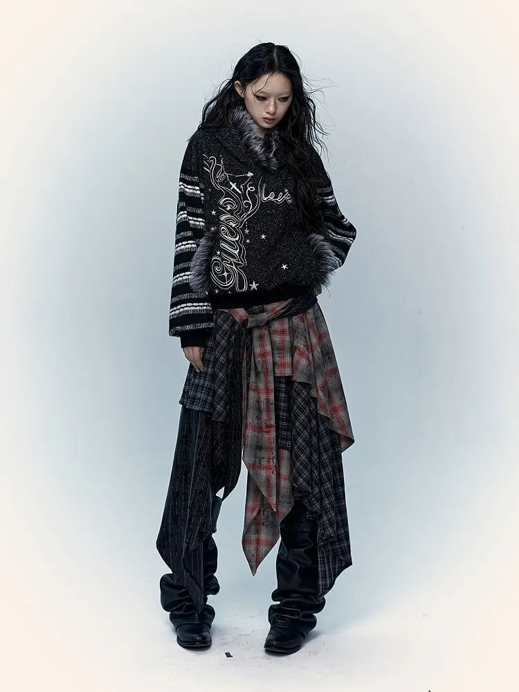 Black&White Plush Trim Striped Sleeves Hoodie