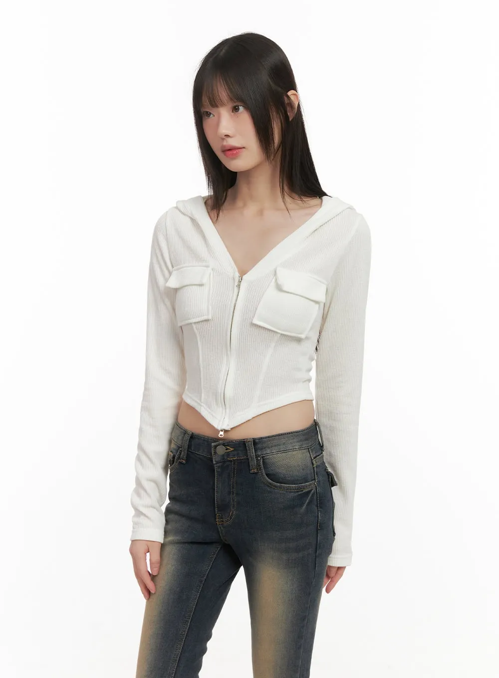 Cropped V-Neck Zip-Up Hoodie CD426