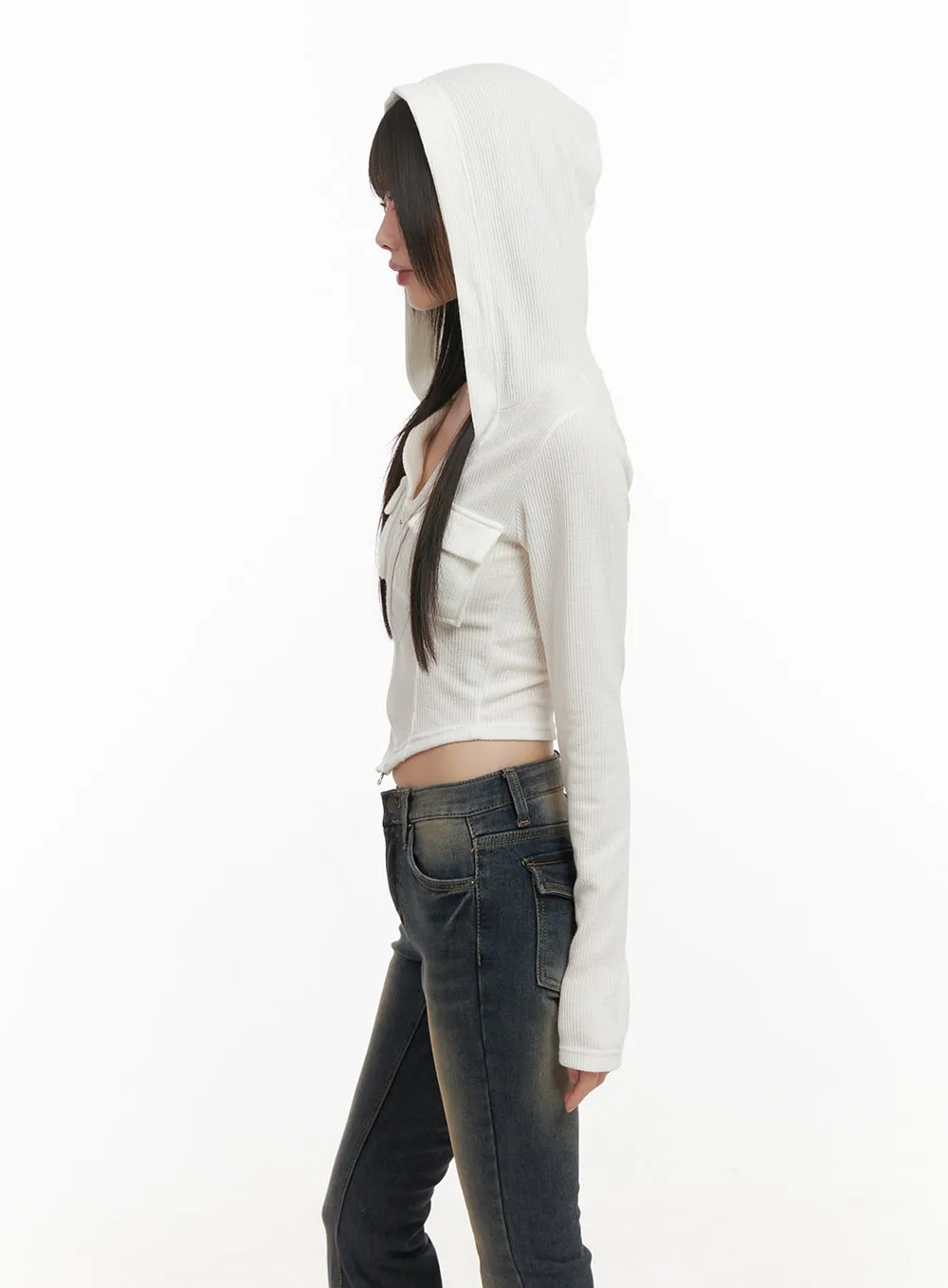 Cropped V-Neck Zip-Up Hoodie CD426