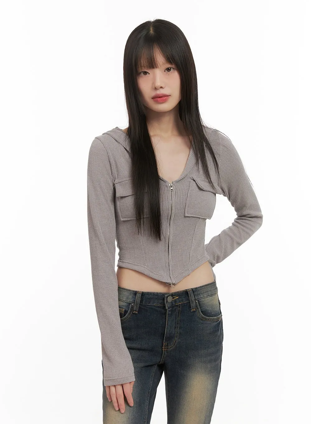 Cropped V-Neck Zip-Up Hoodie CD426