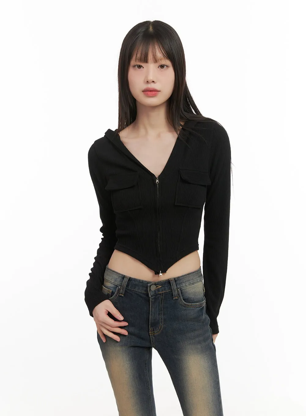 Cropped V-Neck Zip-Up Hoodie CD426