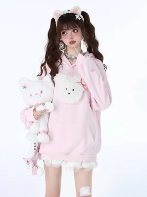 Fluffy Hooded Color Hoodie Hooded Pastel Rabbit Morabito Loose