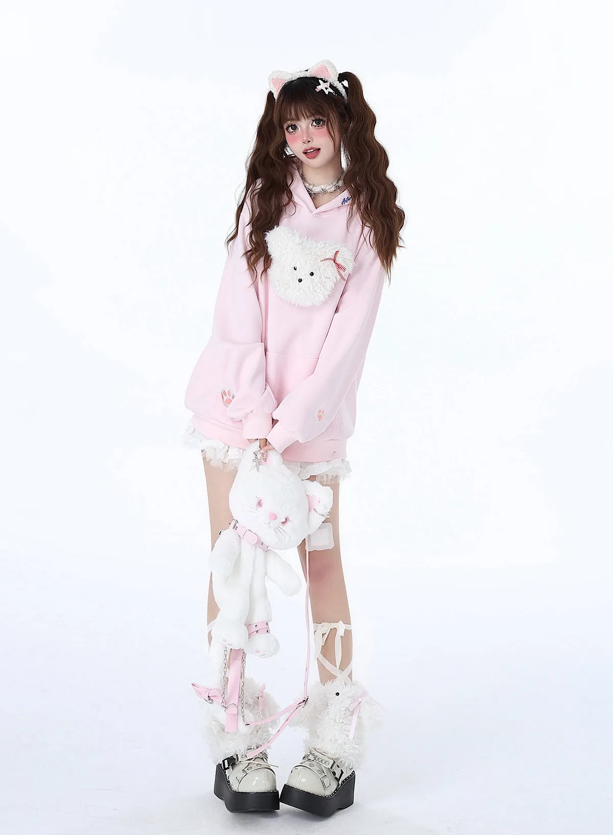 Fluffy Hooded Color Hoodie Hooded Pastel Rabbit Morabito Loose