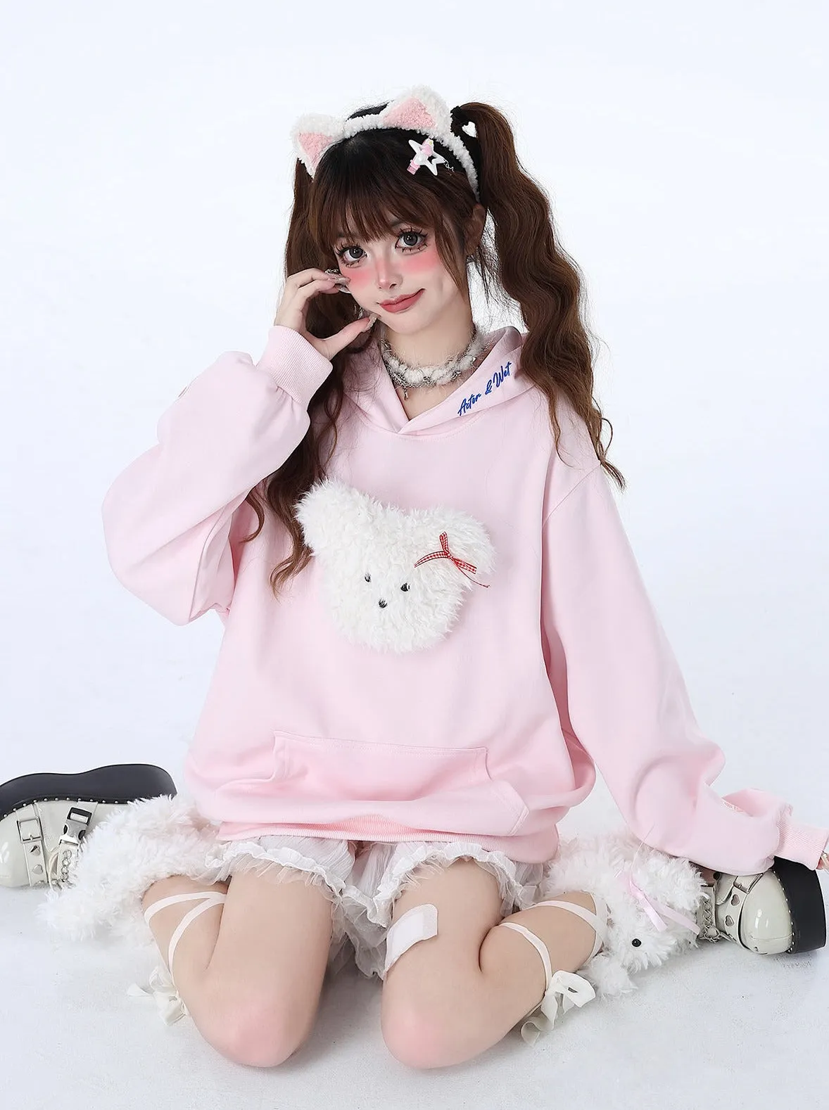 Fluffy Hooded Color Hoodie Hooded Pastel Rabbit Morabito Loose