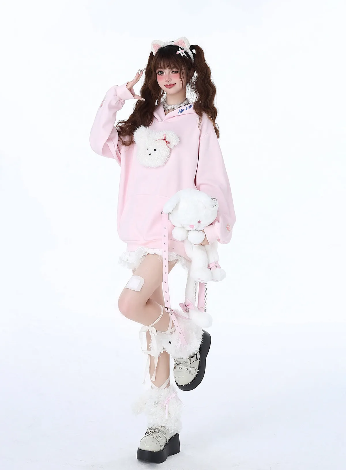 Fluffy Hooded Color Hoodie Hooded Pastel Rabbit Morabito Loose