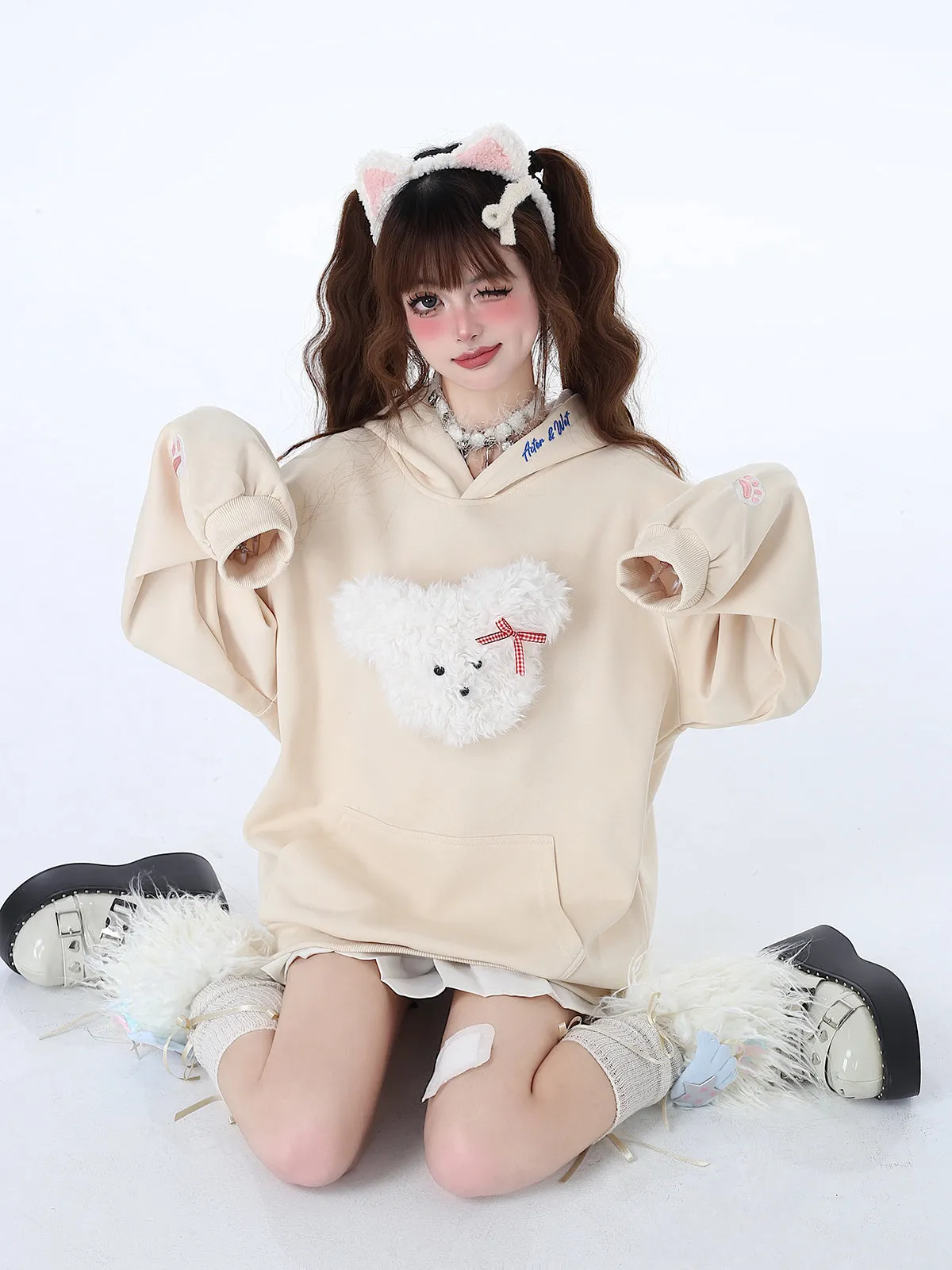Fluffy Hooded Color Hoodie Hooded Pastel Rabbit Morabito Loose