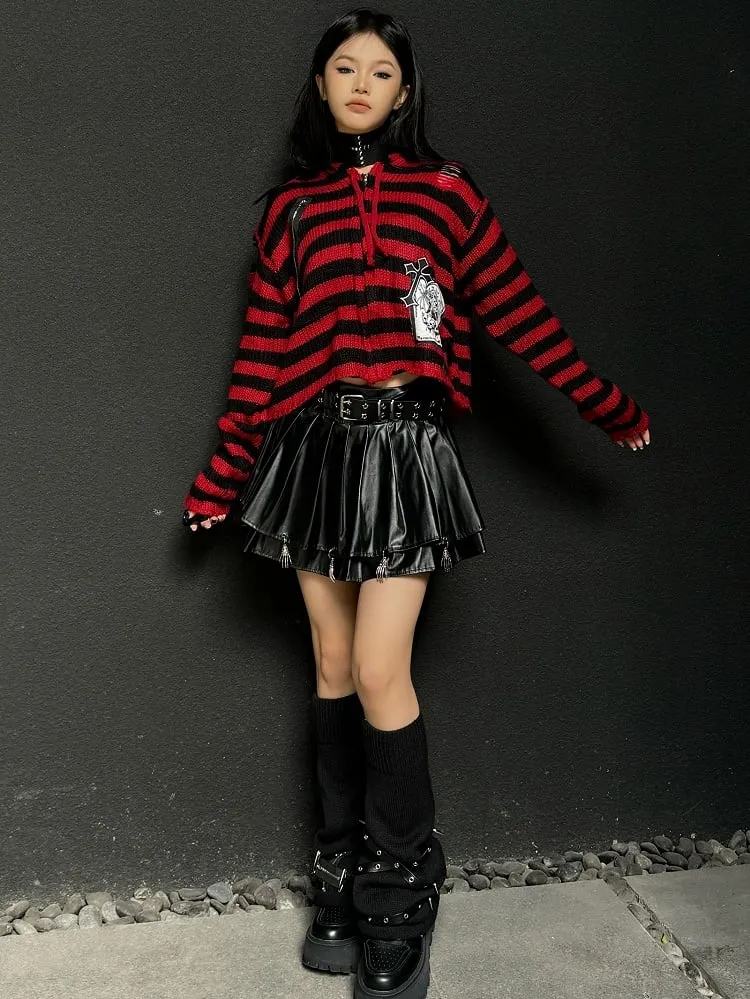 Gothic Punk Black and Red Striped Zip Hoodie GrimReaper Applique