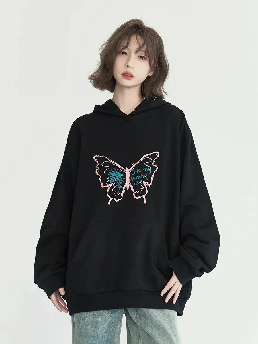 Graphic Loose Butterfly Hoodie Hooded