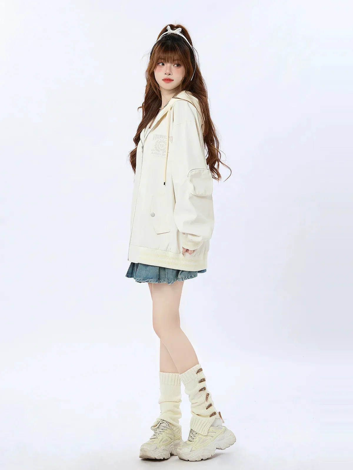 Hoodie American Casual Hooded Zip-up Faux Two-piece