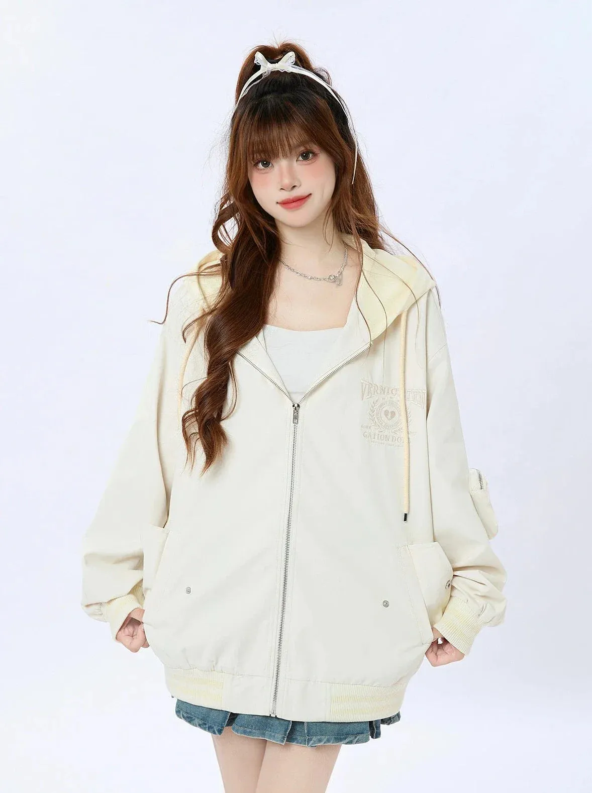 Hoodie American Casual Hooded Zip-up Faux Two-piece