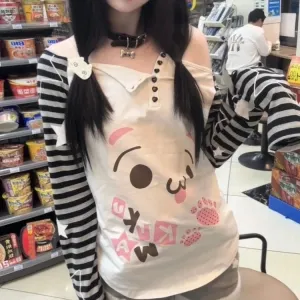 Kawaii Patchwork Hoodie mit süßem Cartoon-Print im Striped-Desig
