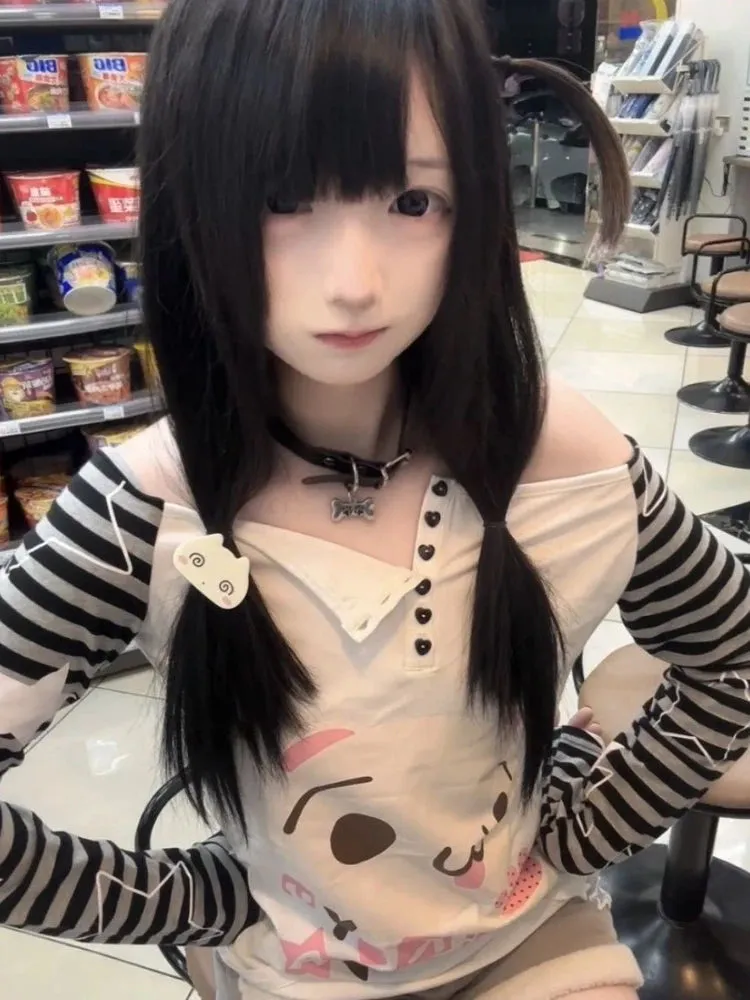 Kawaii Patchwork Hoodie mit süßem Cartoon-Print im Striped-Desig