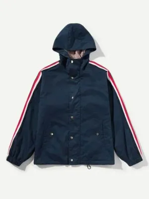 Men Button & Pocket Up Hoodie Striped Coat