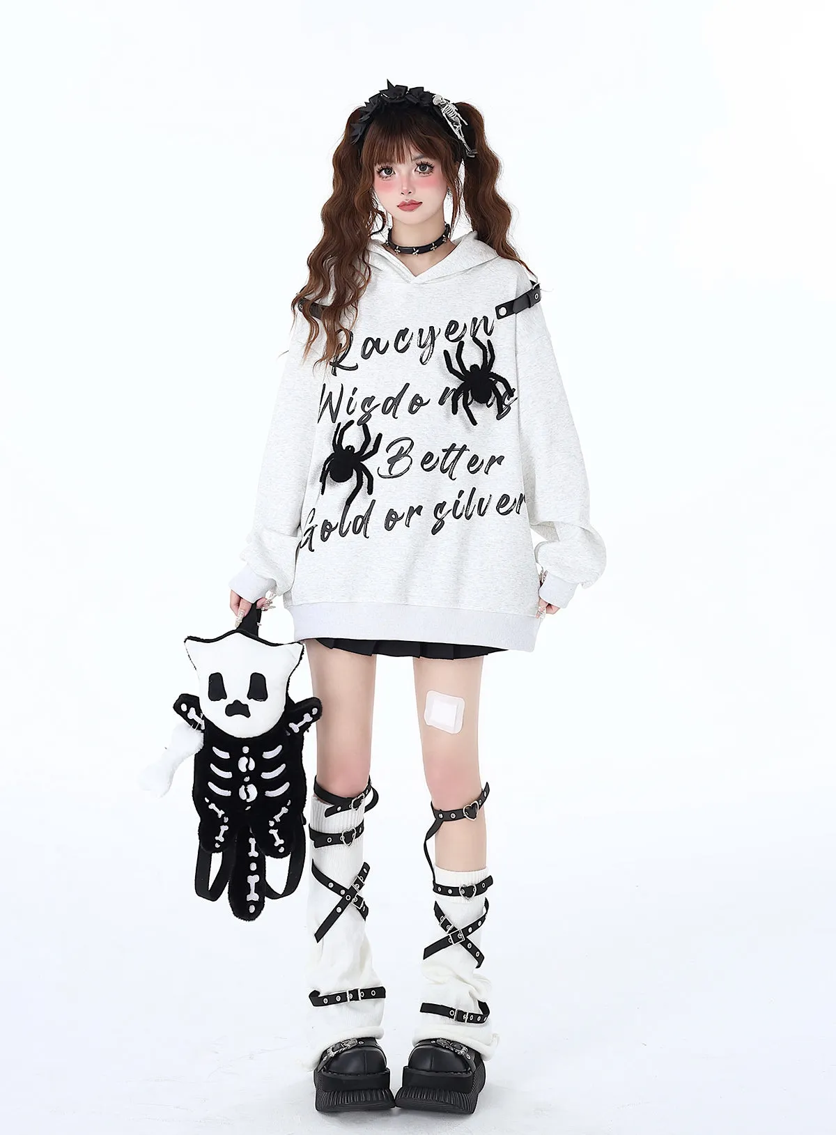 Print Hoodie Hooded Leather American Spider Buckle Street Graffiti
