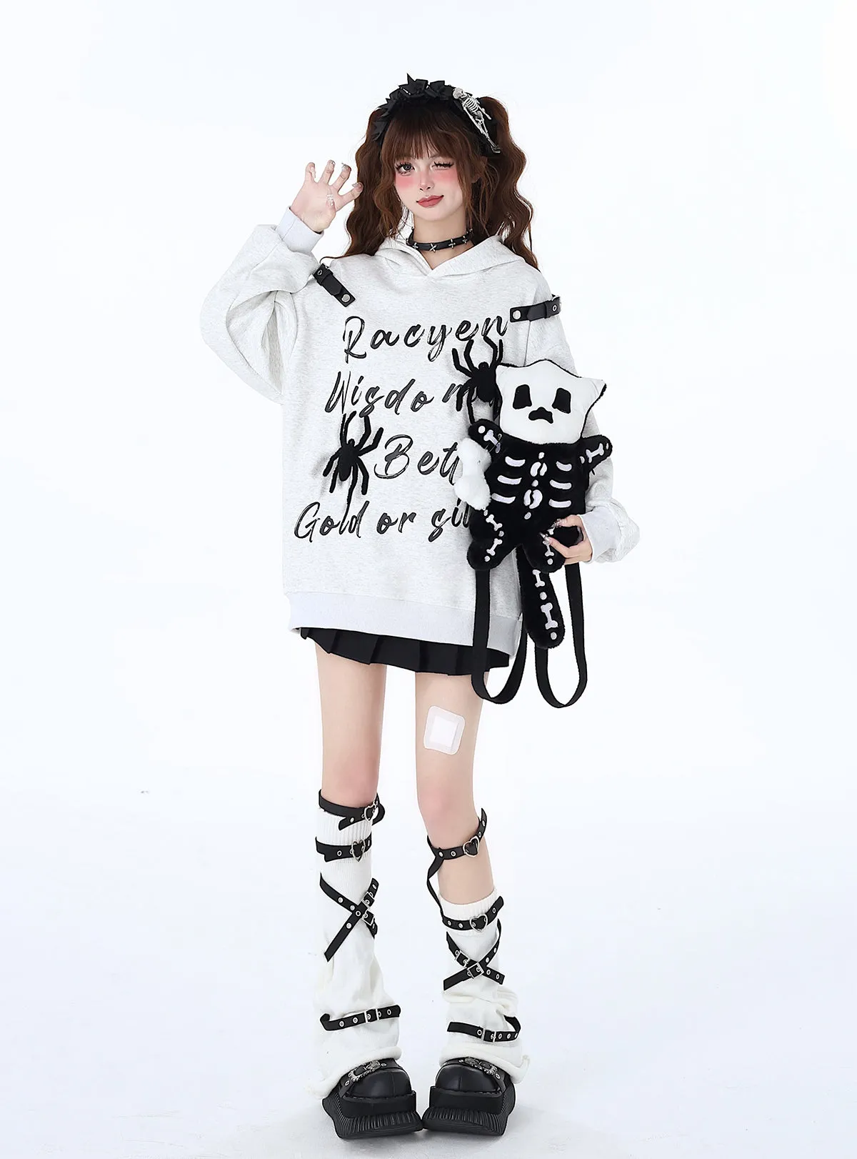 Print Hoodie Hooded Leather American Spider Buckle Street Graffiti