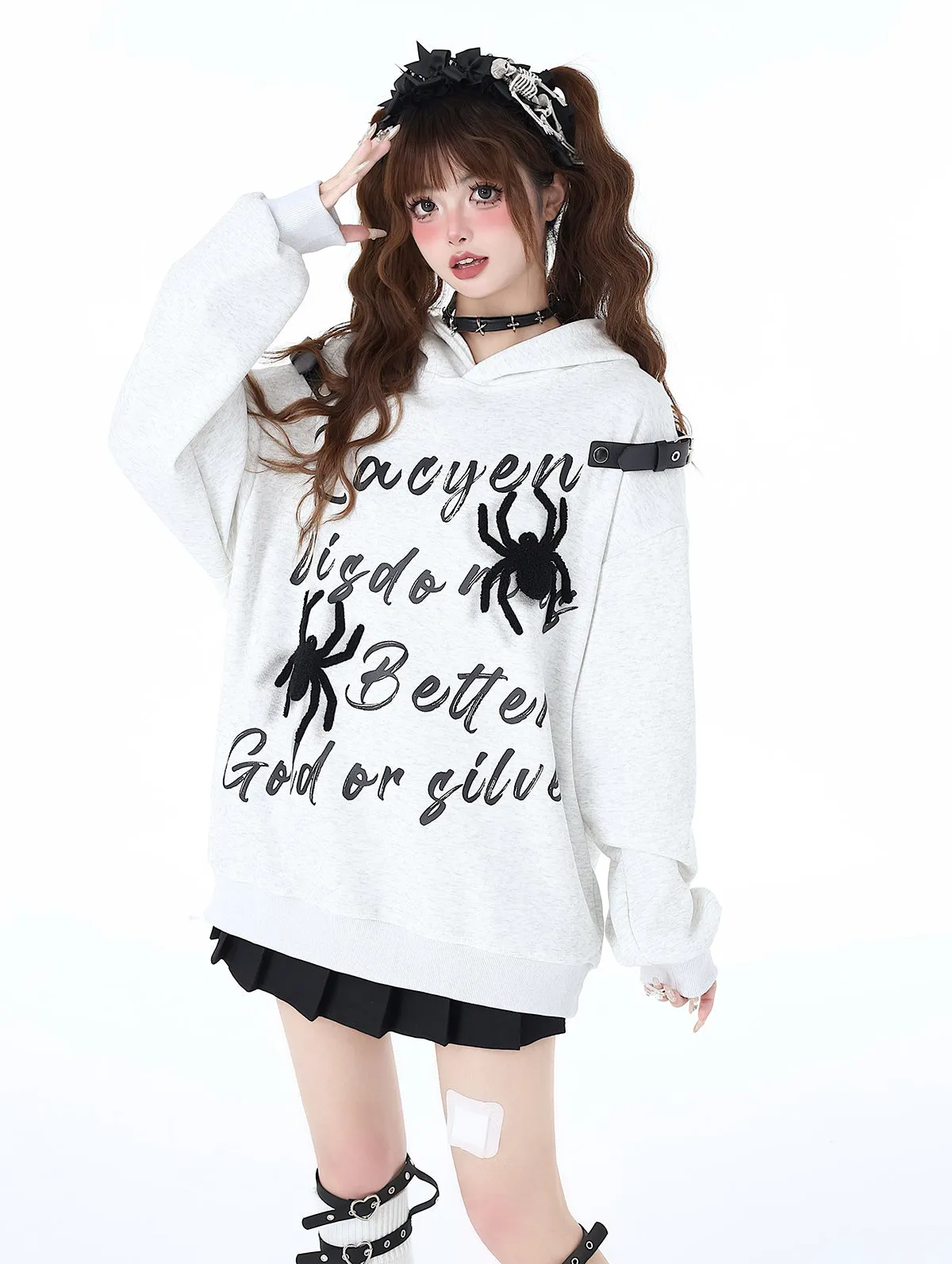 Print Hoodie Hooded Leather American Spider Buckle Street Graffiti