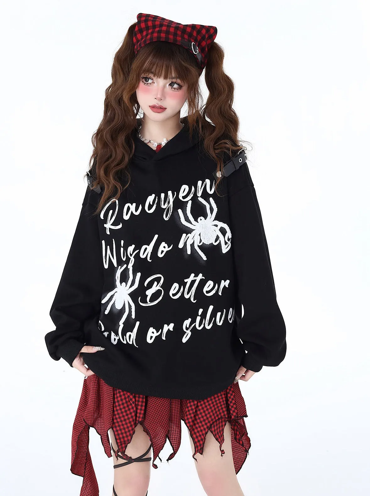 Print Hoodie Hooded Leather American Spider Buckle Street Graffiti