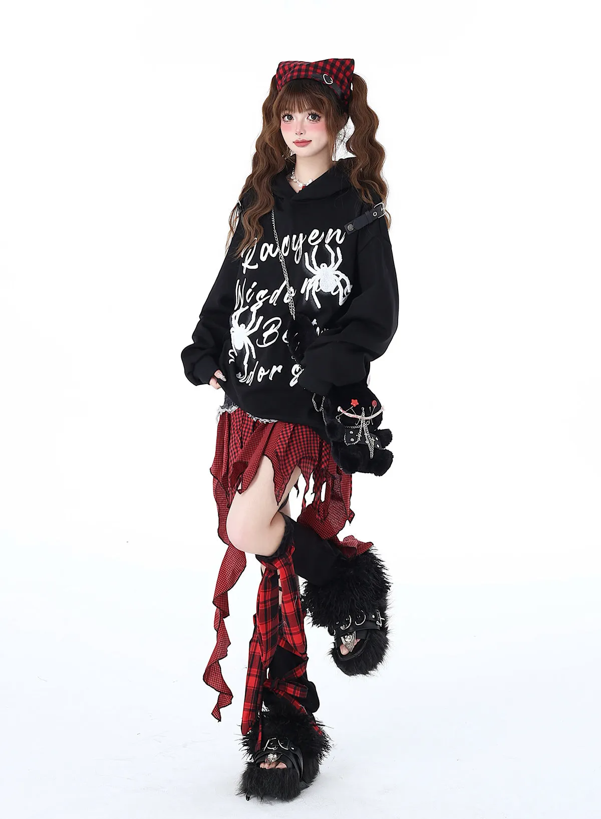 Print Hoodie Hooded Leather American Spider Buckle Street Graffiti