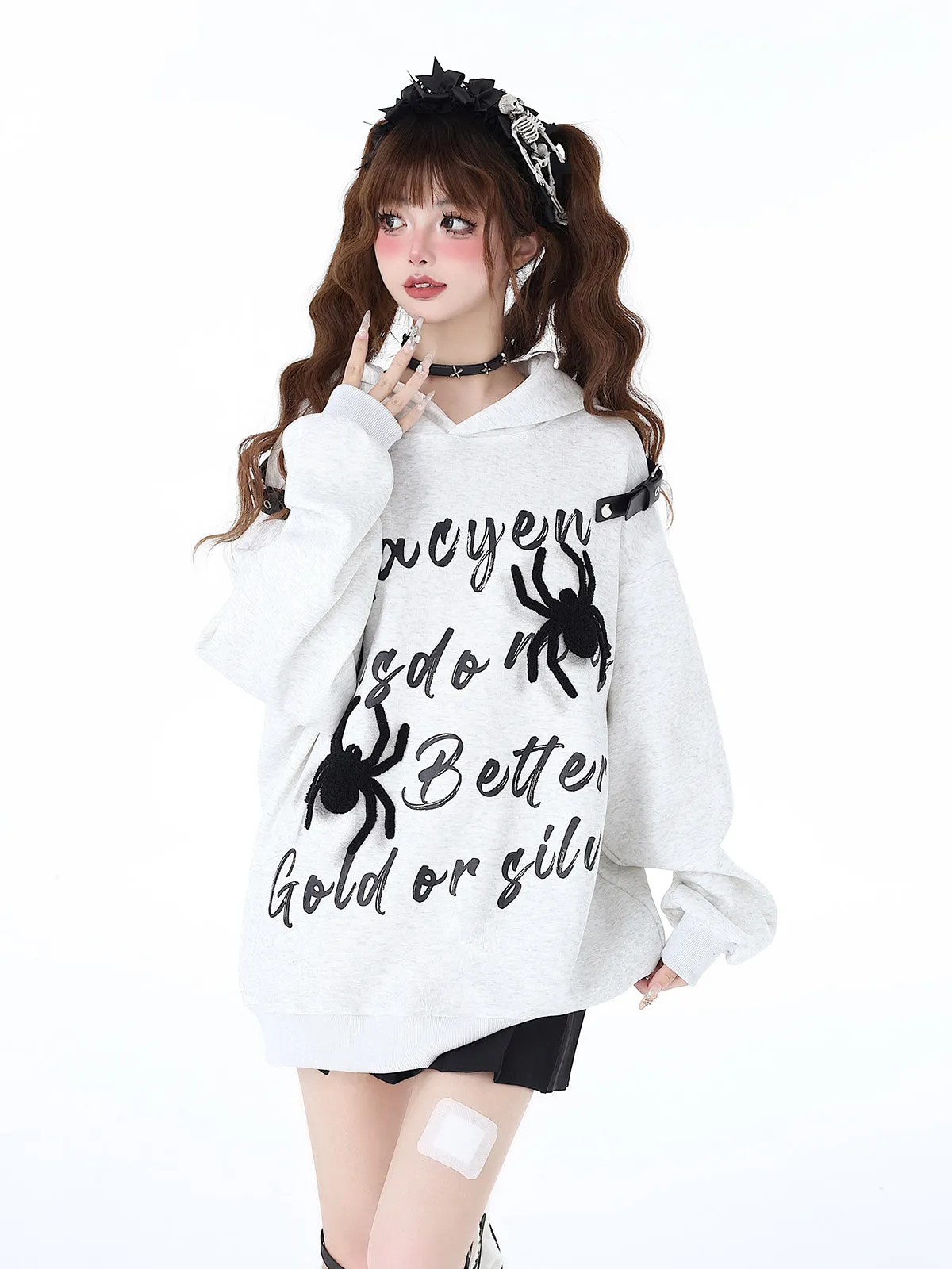 Print Hoodie Hooded Leather American Spider Buckle Street Graffiti