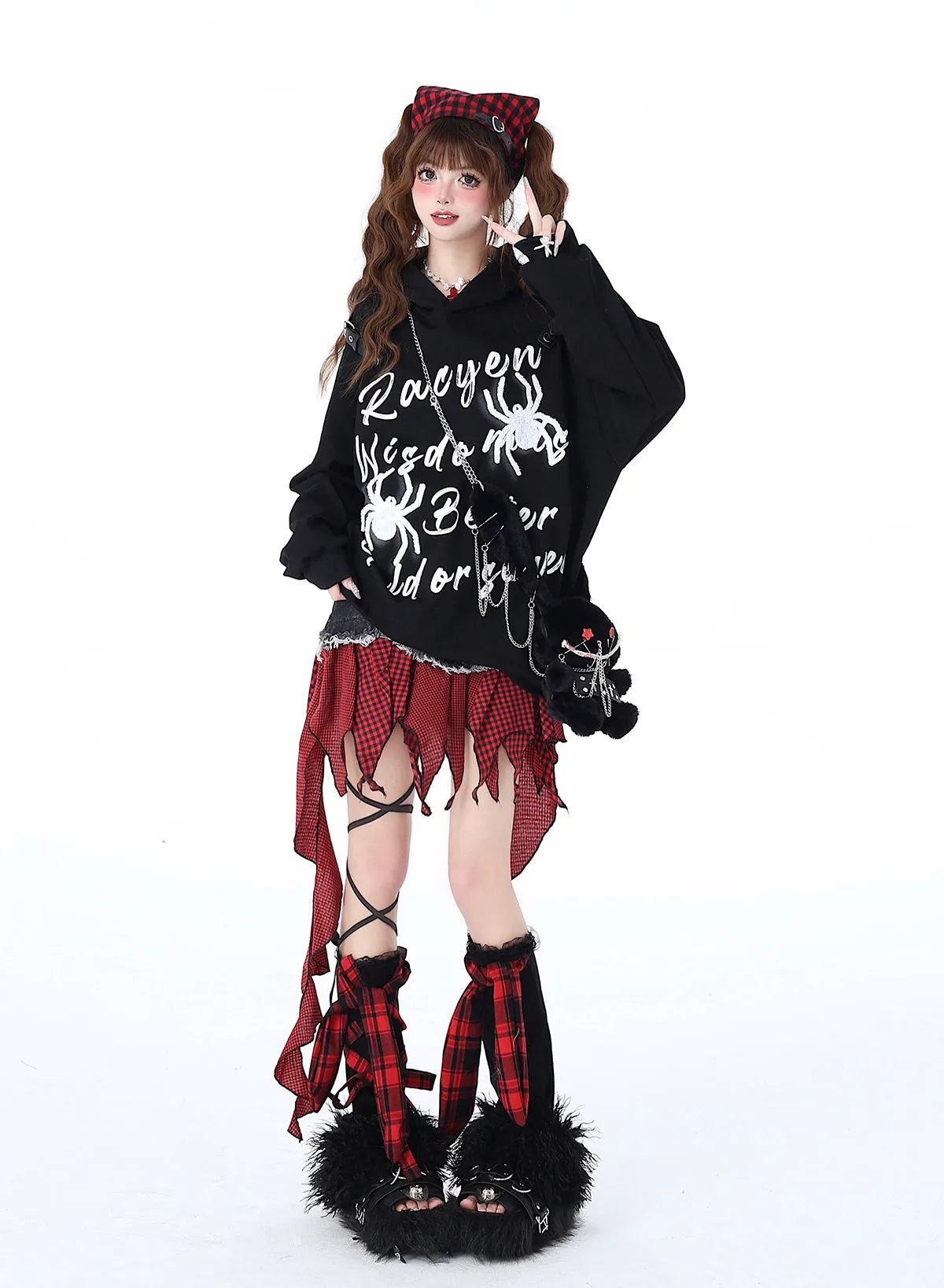 Print Hoodie Hooded Leather American Spider Buckle Street Graffiti
