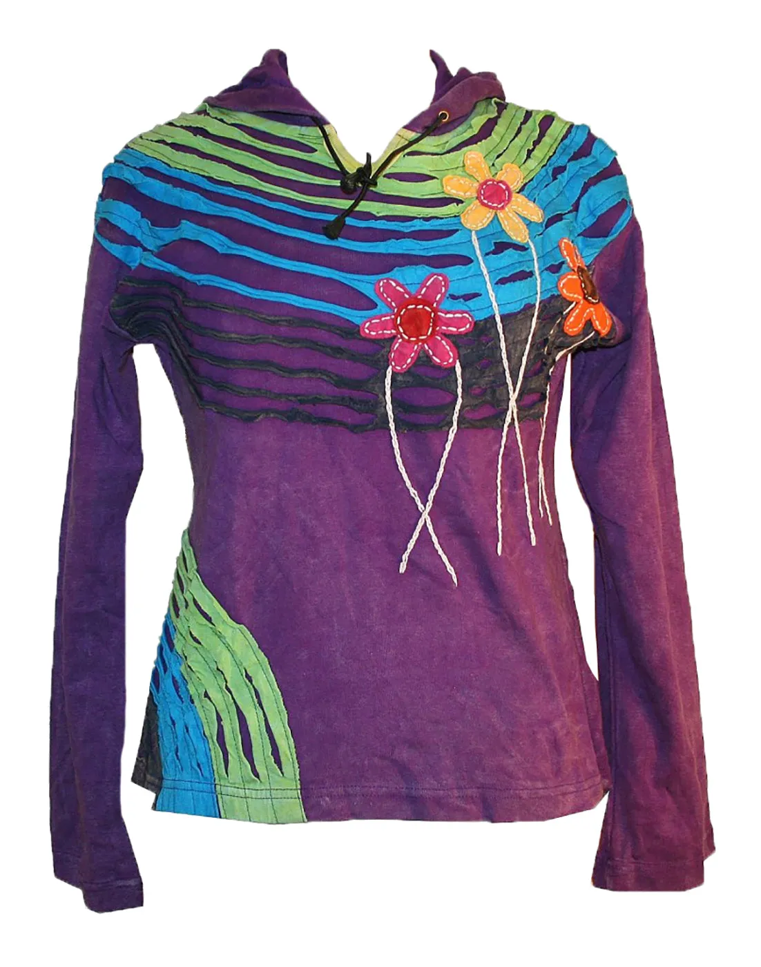 RH 207 Rib Funky Patched Razor Cut Bohemian Hoodie Blouse