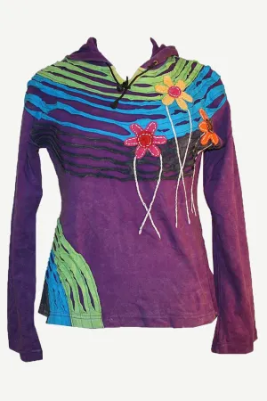 RH 207 Rib Funky Patched Razor Cut Bohemian Hoodie Blouse