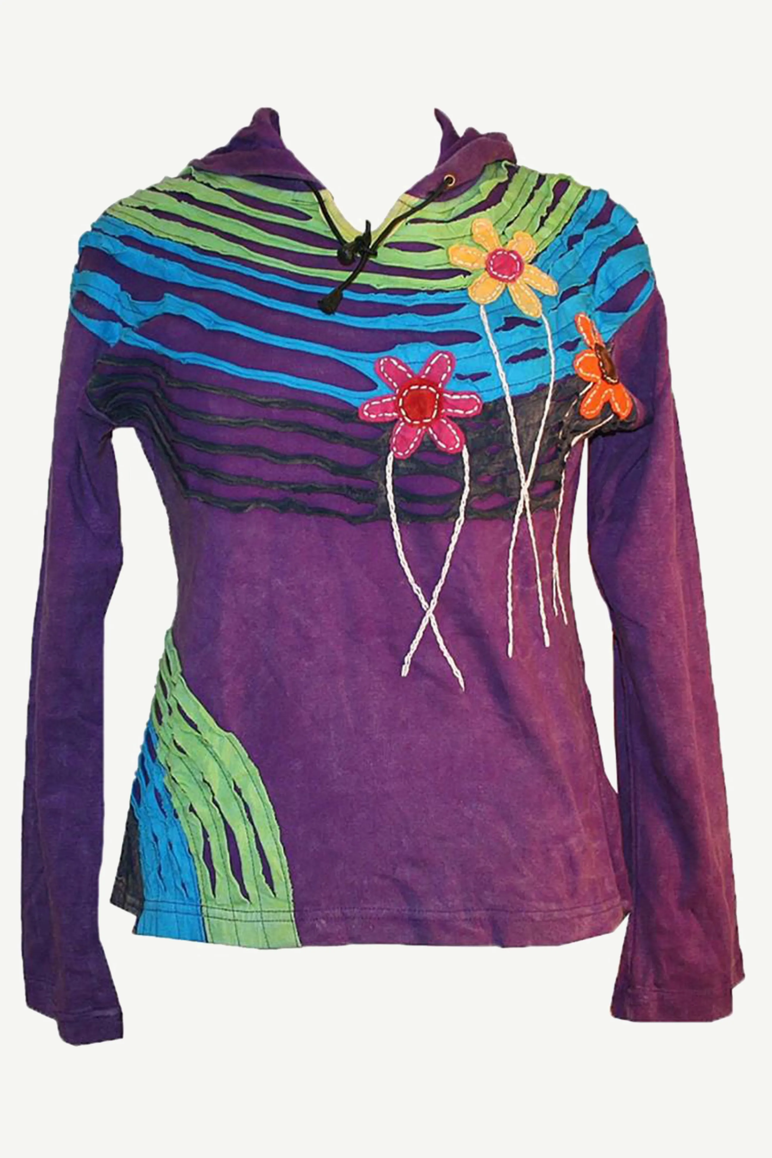 RH 207 Rib Funky Patched Razor Cut Bohemian Hoodie Blouse