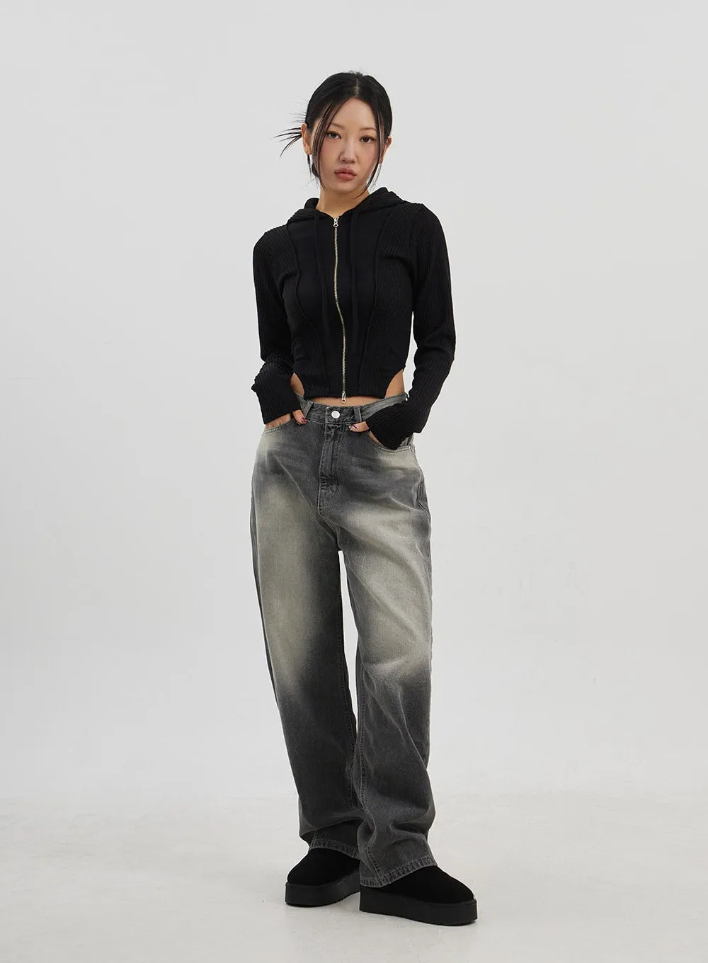 Ribbed Cropped Zip-Up Hoodie CJ330