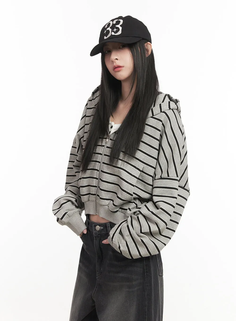 Striped Loose-Fit Crop Zip-Up Hoodie CF514