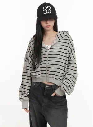 Striped Loose-Fit Crop Zip-Up Hoodie CF514