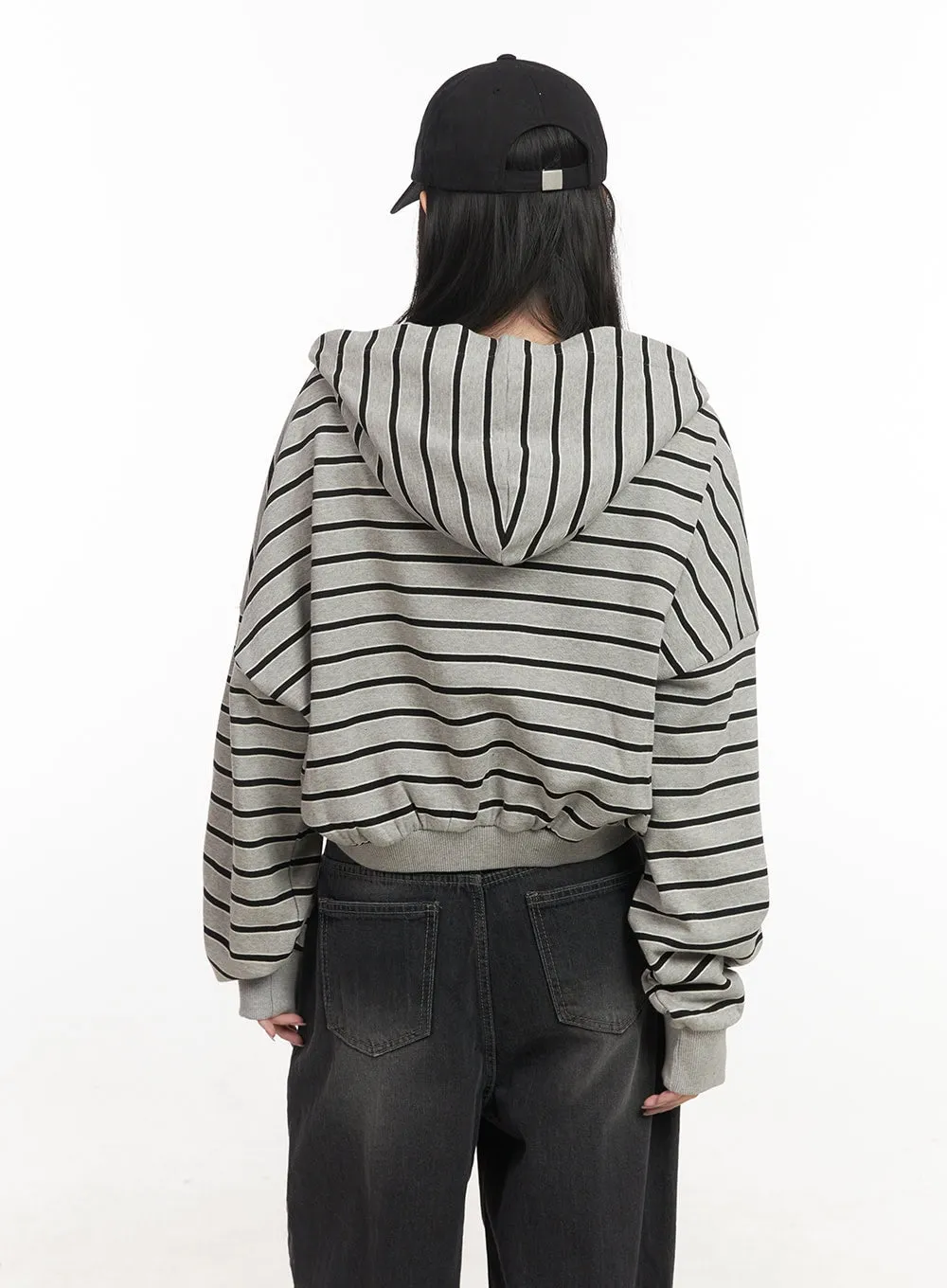 Striped Loose-Fit Crop Zip-Up Hoodie CF514