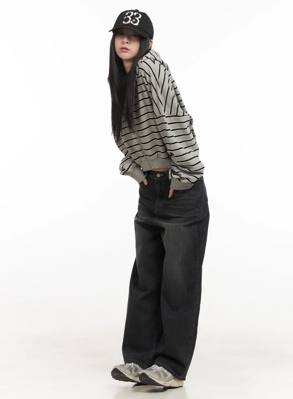 Striped Loose-Fit Crop Zip-Up Hoodie CF514