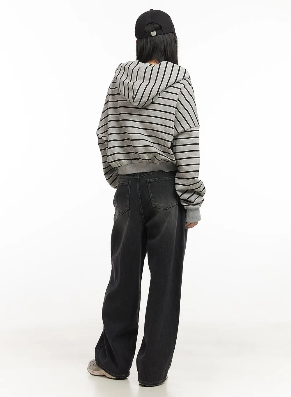 Striped Loose-Fit Crop Zip-Up Hoodie CF514