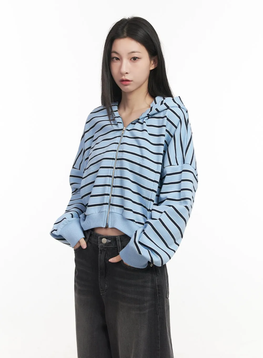 Striped Loose-Fit Crop Zip-Up Hoodie CF514