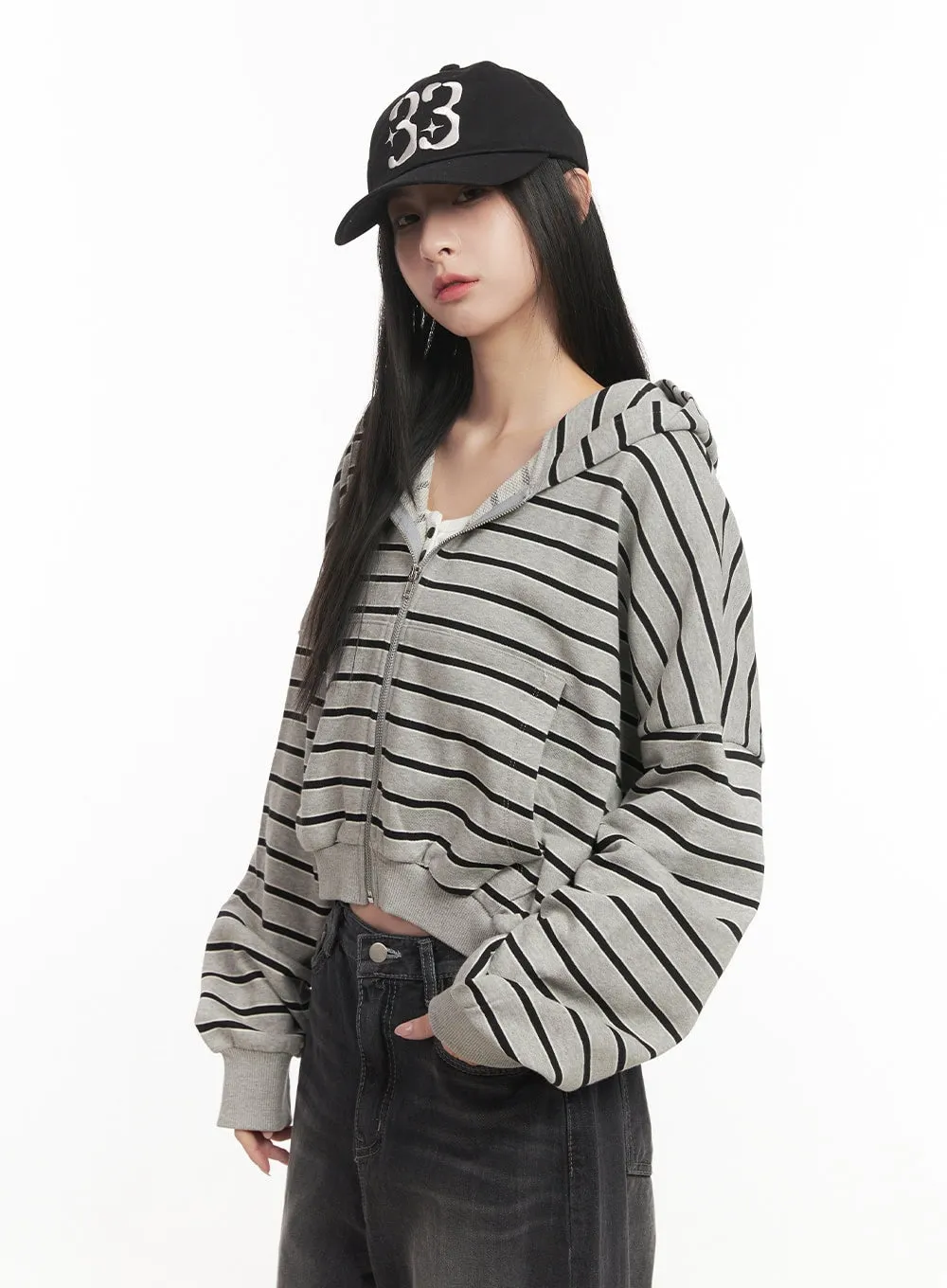 Striped Loose-Fit Crop Zip-Up Hoodie CF514