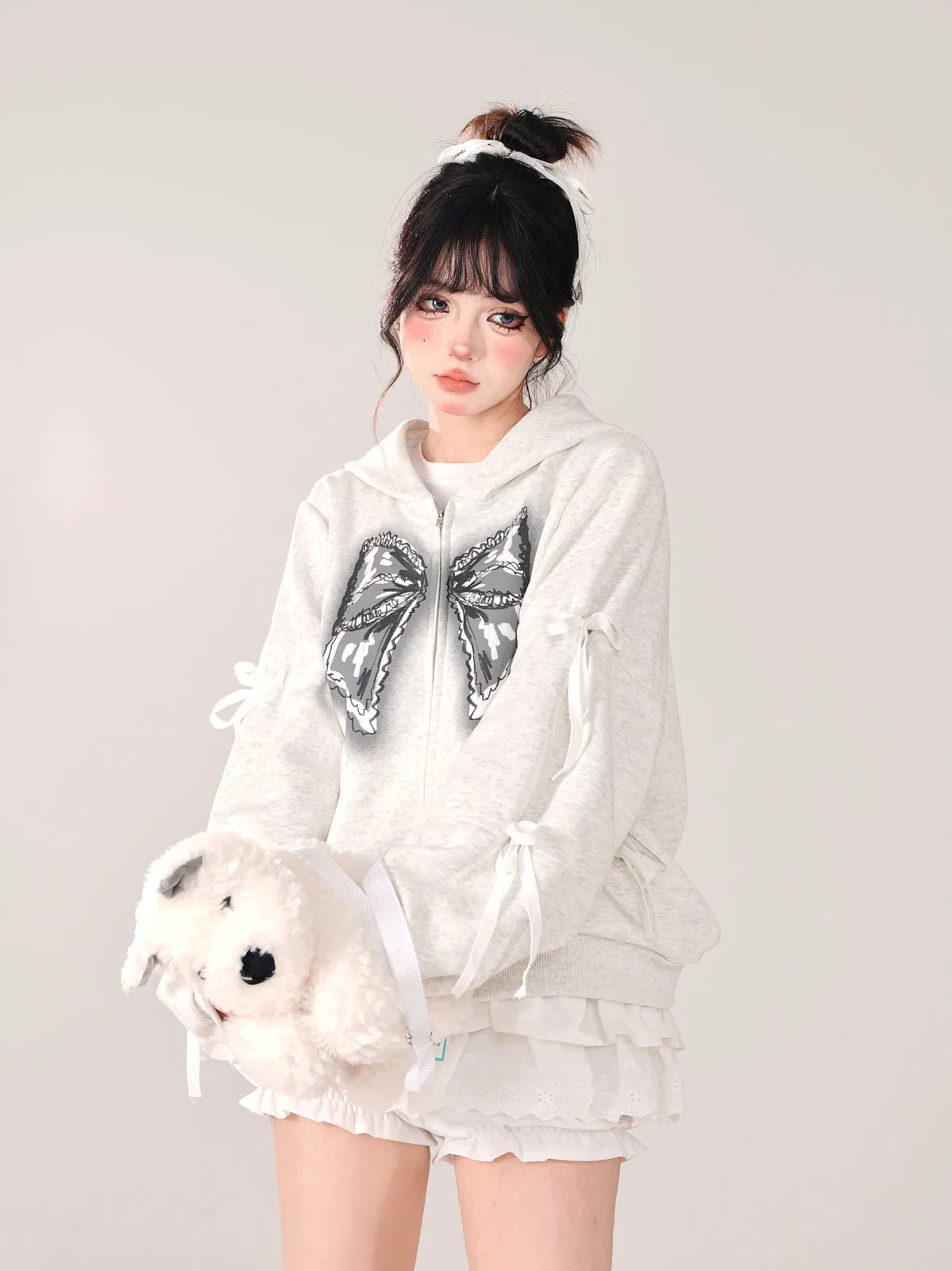 Zip-Up Hooded Loose Black Hoodie Ribbon