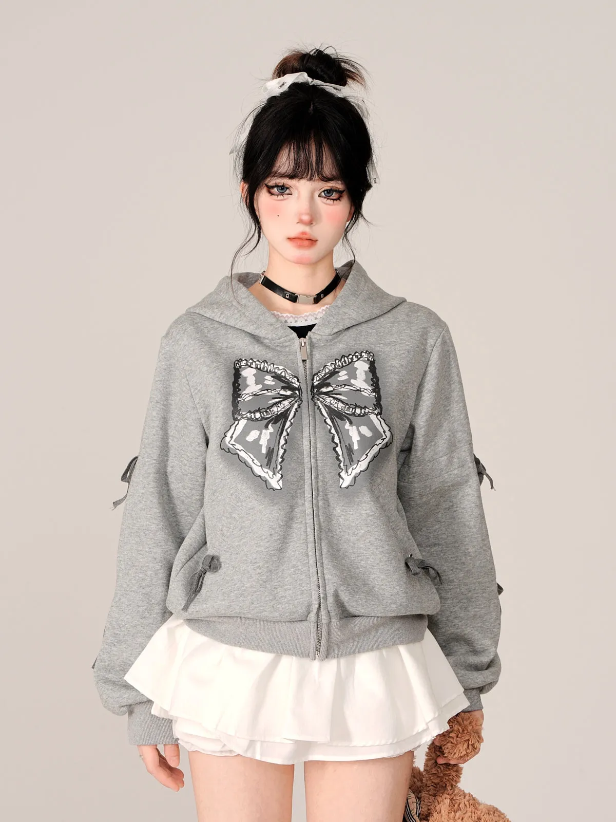 Zip-Up Hooded Loose Black Hoodie Ribbon