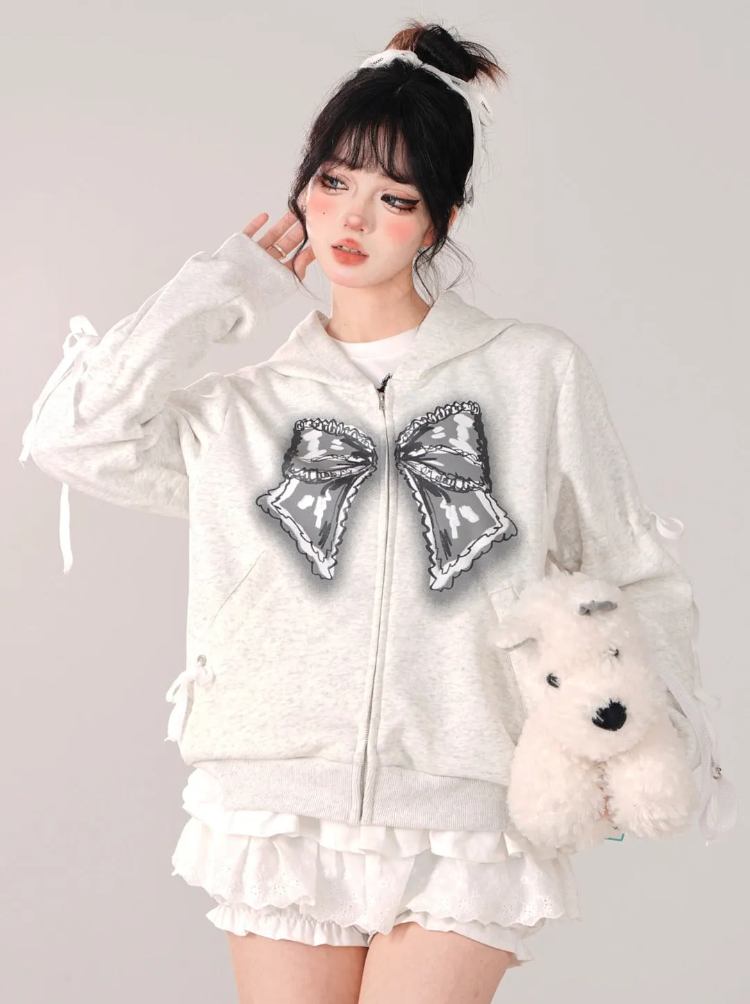 Zip-Up Hooded Loose Black Hoodie Ribbon
