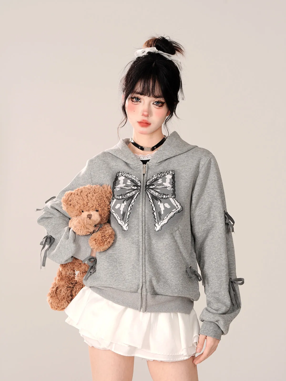 Zip-Up Hooded Loose Black Hoodie Ribbon