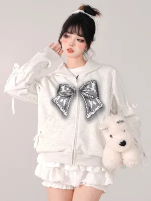Zip-Up Hooded Loose Black Hoodie Ribbon