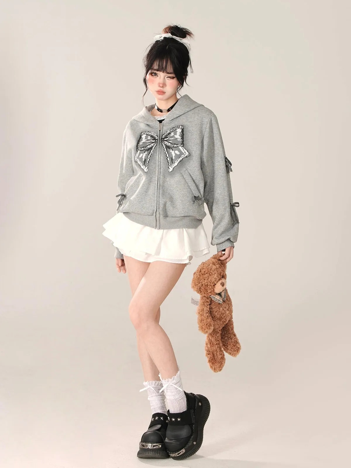 Zip-Up Hooded Loose Black Hoodie Ribbon